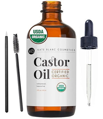 Cosmetics Castor Oil Organic (2oz), 100% Pure, Cold Pressed, Hexane Free. Stimulate Growth for Hair, Eyelashes, Eyebrows. Hair Treatment Starter Kit & Skin Moisturizer